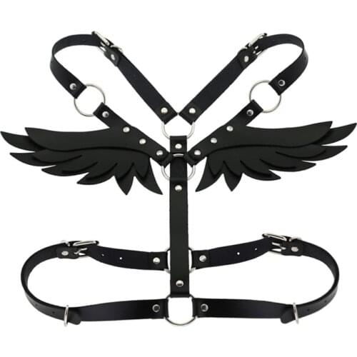 Gothic Punk Leather Body Harness Belt Angel Wings Harness women Black Ladies Belt Cage Belts Waist To Leg Bondage Waist Belt