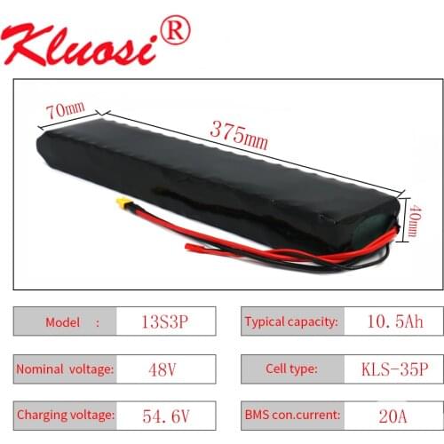 KLUOSI 48V 10.5Ah 11Ah 13S3P 10Ah 54.6V Li-ion Rechargeable Battery Pack Built-in 20A BMS for 250W 450W 750W Scooter Ebike Motor