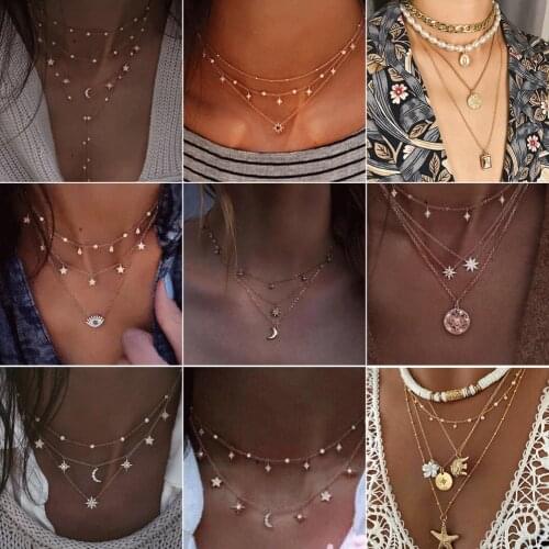 Layered chain necklace sets for women bohemia style necklaces for girls chains charm jewelery evil eye star collar schmuck