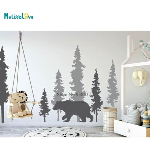 Woodland Wall Decal Pine Tree And Bear Custom Colors Play Room Baby Room Decor Removable Vinyl Wall Sticker Mural BB809