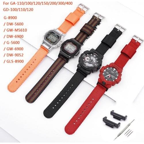 Nylon Strap for Casio G-shock GA-110 120 GD-100 DW-5600 Men Sport Replacement Bracelet Watch Band with Black Plastic Adapters