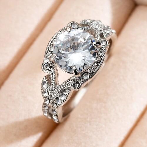 2019 New Leaves Design Silver Color Luxury AAA White Cubic Zircon Wedding Rings For Woman Elegant Valentine gift ring Jewelry