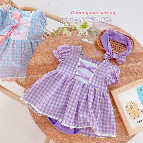 Send Hair with Baby Dress Romper Summer 2021 Infant Newborn Girl Princess Small Plaid Lace One-piece Clothes Climbing Clothes