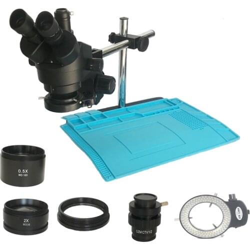 Dual arm support 3.5X-90X industrial Trinocular stereo microscope 0.5X 2.0X CTV1/2 Objective lens barlow Electronics repair