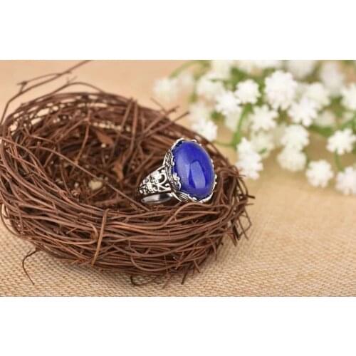 Silverware S925 Sterling Silver Inlaid Pure Natural Afghan Lapis Lazuli Exquisite Lace Open Ended Ring