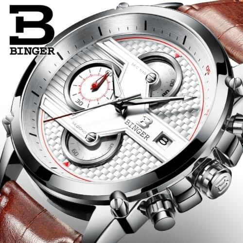 Switzerland luxury Mens watch BINGER brand quartz Watches Men Big Dial Designer Chronograph Water Resistant clock B-9018-4