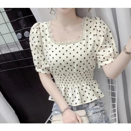 Elegant Lace Hook Flower Dot Blouse Women Square Collar Sexy Clavicle Exposed Short Sleeve Blusas Summer Pleat Shirt