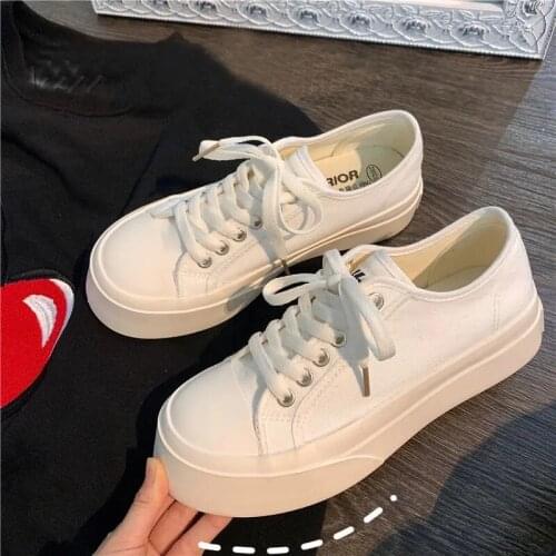 Chunky Harajuku Streetwear Platform Vulcanized Canvas Shoes White Black Women Fashion Casual Lace Up Sneakers Espadrilles Flats