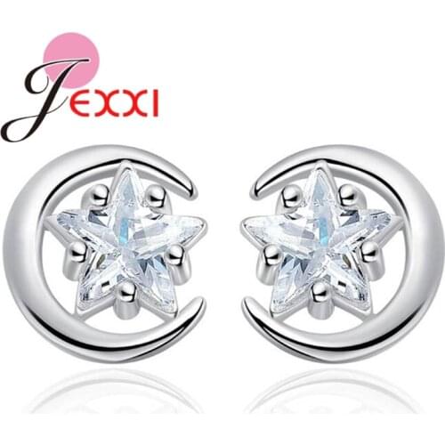 Romantic Sparkling Stars Crystals with Moon Design Real 925 Sterling Silver Stud Earrings For Women Girls Party Broncos