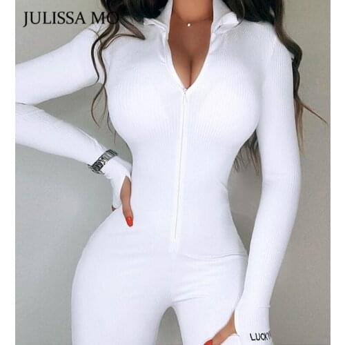 JULISSA MO Rib Sexy Zipper Rompers Womens Jumpsuit Black Turtleneck Long Sleeve Overalls Letter Embroidery Workout Sport Wear