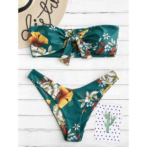 ZAFUL Sexy Women Swimwear Knot Floral Bandeau Bikini Set Strapless Padded Swimsuit Beach Femme Brazilian Bathing Suits 2021 New