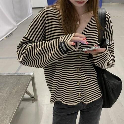 2021 Spring and Summer New Horizontal Striped Sweater Coat Korean Loose Button Knit Cardigan V-Neck Spring and Autumn Top Women