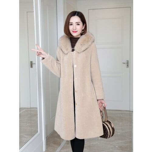100% Wool Fur Coat Fox Fur Collar Hooded Female Jacket Elegant Coats and Jackets Women Sheep Shearing Coat Vetement Femme Zjt754