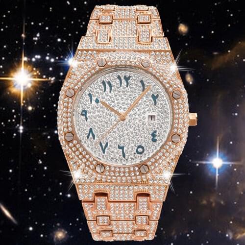 Stylish Classic Full Ice Out Diamond Watch for Men Arab Numerals Quartz Mens Watches Waterproof Luxury Rose Gold Montre Homme