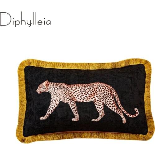 Diphylleia Leopard Lumbar Pillow Cover With Tassels Luxury Velvet Bolster Cushion Cases Couch Sofa Manual Hand Painted Vintage