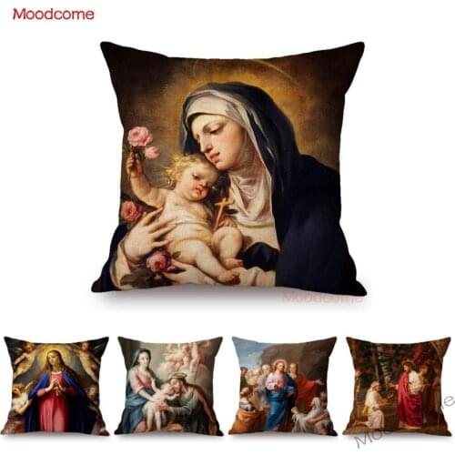 The Bible Story Oil Painting Jesus Christ Virgin Mary Angels Christian Home Decor Sofa Throw Pillow Case Linen Cushion Cover