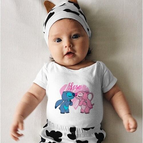 Disney Summer Newborn Jumpsuit New Outdoor White Baby Girl Boy Clothes Kawaii Harajuku Round Neck Comfort Lilo & Stitch Prinring