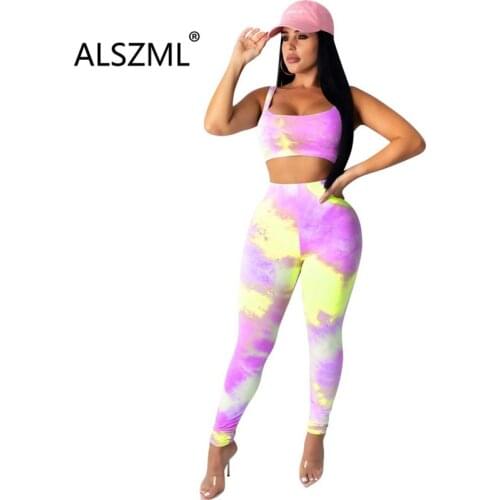 Summer fashion tie dye print lady 2 piece set bras top and high waist leggings 2 piece set sexy beach sports set
