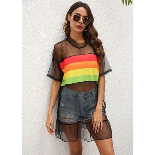 Hot kf-Womens Color Stripes Stitching Mesh Ruffled Sexy Perspective Loose T-Shirt Blouse Black One Size