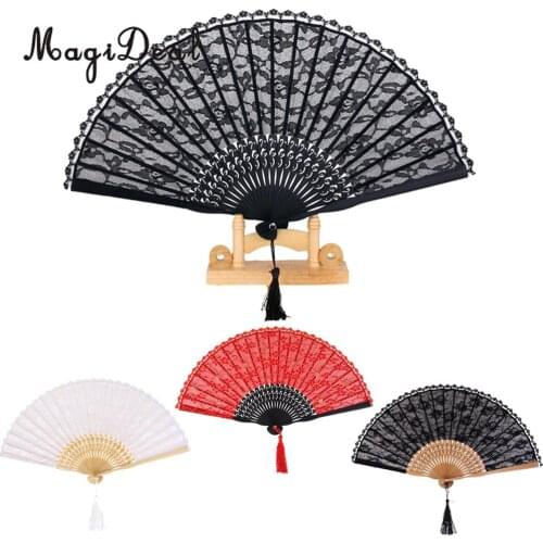 MagiDeal Flower Chinese Ladys Lace Trim Bamboo Hand Fan Folding Fan Dancing Party Fan Wedding Party Favors Gifts Home Decor