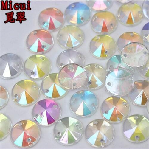 Micui 200pcs 10mm Acrylic Rhinestones AB Transparent Round Flatback Sewing Crystal 2 Holes For Wedding Dress Garment ZZ85B
