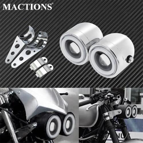Motorcycle Chrome Dual Twin Headlight Cafe Racer Amber LED Angel Eyes Double Headlamp W/ Mount Bracket For Harley Bobber Softail