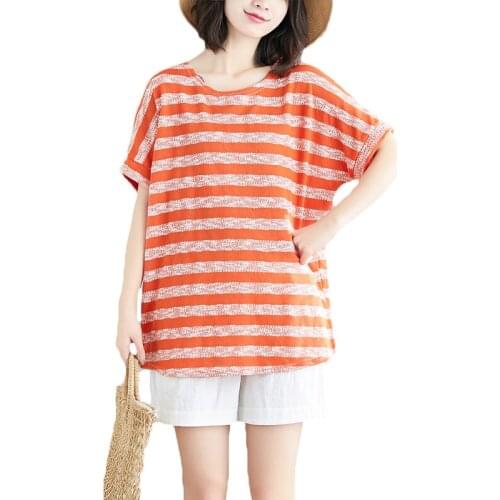 New Summer Short-sleeved shirt Women Tops Tees 2021 literary Large Size Womens loose Striped Shirt X769