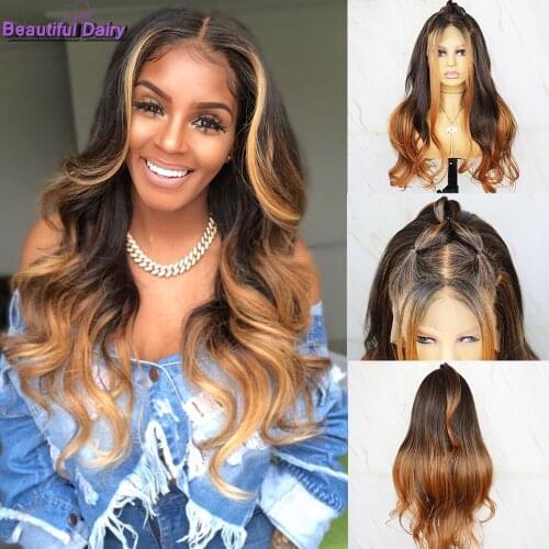 Beautiful Diary Ombre Color Lace Front Synthetic Hair Wigs For Women Long Wavy 13X4 Synthetic Lace Front Wig