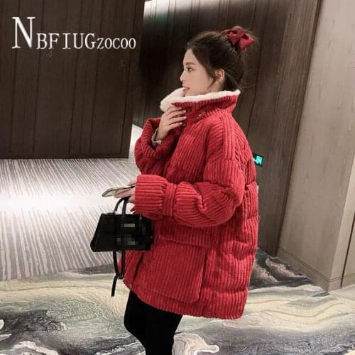 Autumn Winter Stand Collar Loose Corduroy Women Parkas Thick Warm Female Outwear