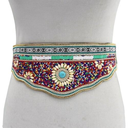 Handmade Women Dress Waistbands Ethnic Resin Beaded Woven Belt Chain Dance Belt Bohemian Tribal Festival Party Body Jewelry Gift