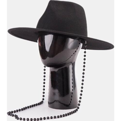 King Wheat 2021 Winter Chain Decoration Black Wide Brim Wool Women Fedora Men Jazz Hat Stage Show Felt Cap Fashion Outdoor Top