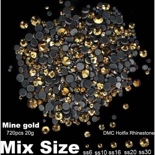Hotfix Rhinestones Mine Gold Mixed sizes SS6 SS10 SS16 SS20 SS30 720pcs 20g for Rhinestone Motifs Nail Art Dec Shiny Nail Strass