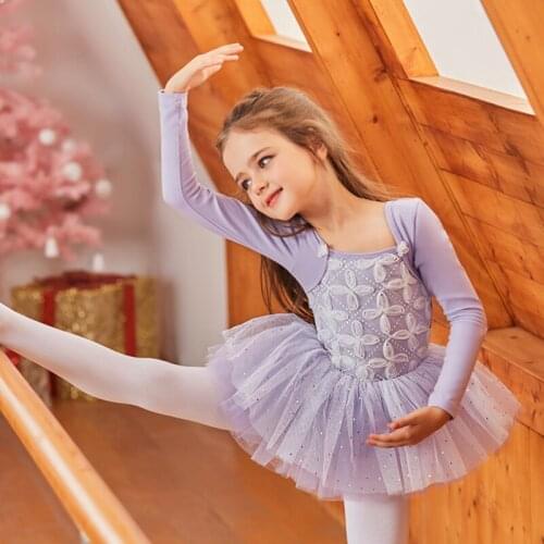 2020 Long Sleeves Tutu Dance Dress Kids Sequins Gymnastics Costume Ballet Dance Clothes For Girls Ballerina Stage Dresses JL1335