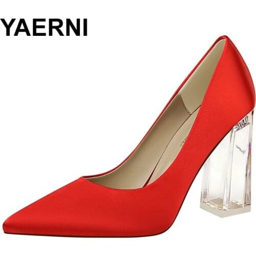 YAERNITransparent Block Heels Shoes Heel Silk Women Wedding Shoes Yellow High Heel Elegant Silver Summer Ladies Pumps Shoe