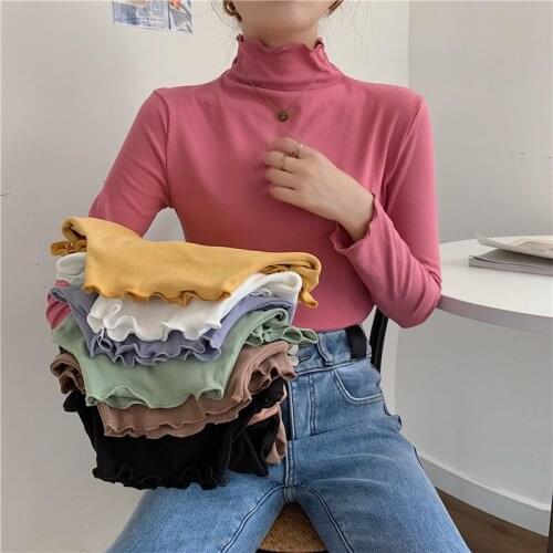 2021 Women Turtleneck Knitted Sweater Spring Autumn Long Sleeve Sweet Pullover with Ear Edge Female Soft Warm Sweater Tops