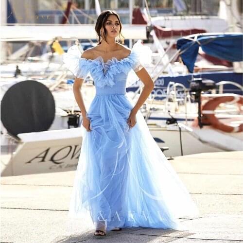 Fashion Sky Blue Tulle Off the Shoulder Evening Dresses V-neck A-line Prom Party Gowns Backless Women Party Dress Plus Size