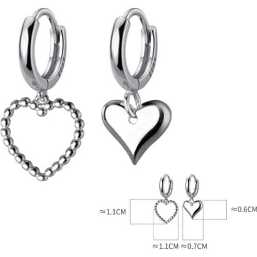 1 Pair 925 Sterling Silver Hollow Heart Smooth Heart Asymmetry Earrings Women Girl Hoop Earring Charm 925 Silver Jewelry