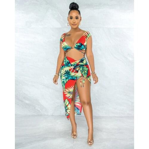 2021 Best Quality Famous Brand 2 pcs Women Set Print Spaghetti Strap Short Tops Midi Dress Summer Beach Outfits