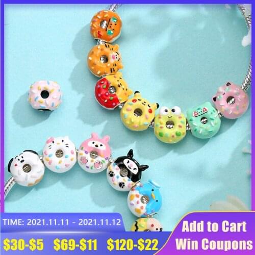 925 Sterling Silver Animal Donut Cartoon Cute Beads Jewelry Making Fits Charm Bracelet Diy Women Accessories 2021