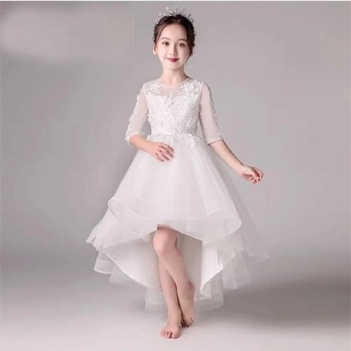 Girl Ball Gown White Appliques High Low Flower Girl Dresses for Wedding Tulle Kid Party Communion Dress