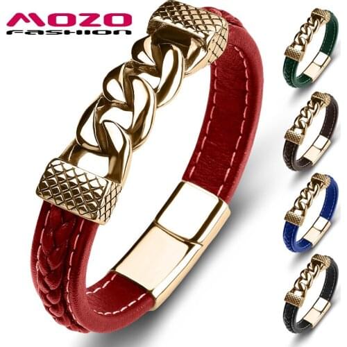 New Classic Female and Male Bracelet Genuine Leather Stainless Steel Charm Bangle High Quality Unisex Fashion Jewelry Red