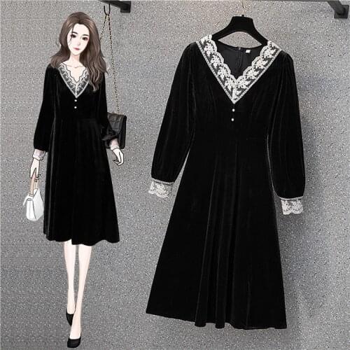 Black Lace Velvet Stitch Long Sleeved Midi Plus Large Size Oversize Korean Fashion Kawaii Casual WomenS Elegant Dresses Autumn