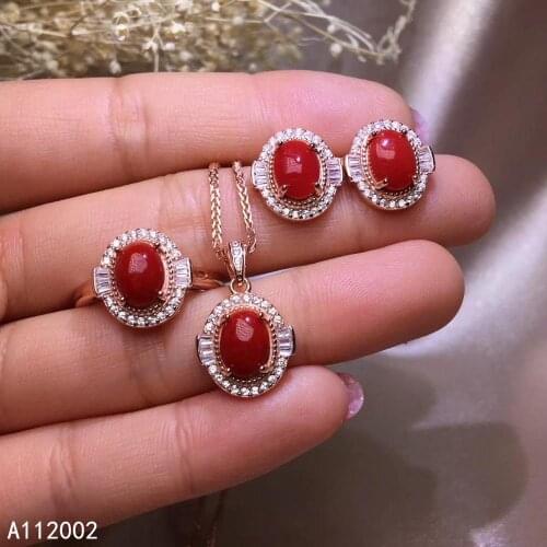 KJJEAXCMY fine jewelry natural red coral 925 sterling silver women pendant earrings ring set support test classic hot selling