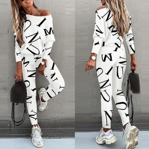2 Piece Set Fashion Letter Print Women O-Neck Long Sleeve Letter Print Casual Loose Pullovers Top Elastic Slim Pencil Pants