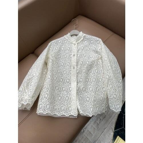 High 2021 New Ladies Quality Fashion Long Sleeve Stand Collar Back Waist Elastic Lace Small Jacket 0308