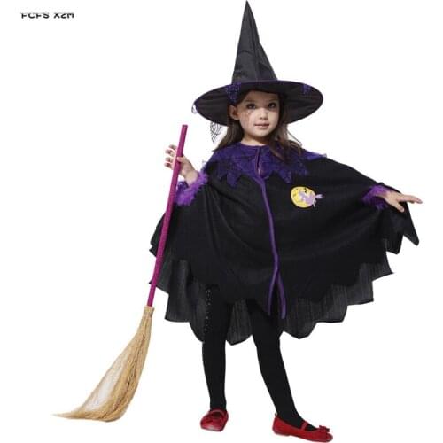S-XL Gothic Girls Witch Cloak Cosplay Kids Children Halloween Sorceress Costumes Carnival Purim Stage show Role play party dress