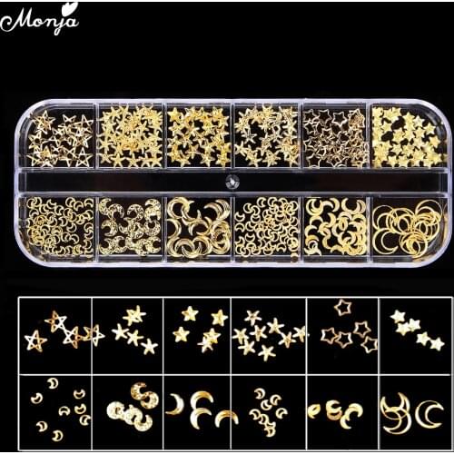 Monja 12 Grid Nail Art Mixed Style Gold Moon Star Metal Decor 3D DIY Charm Rivet Studs Decoration Accessories