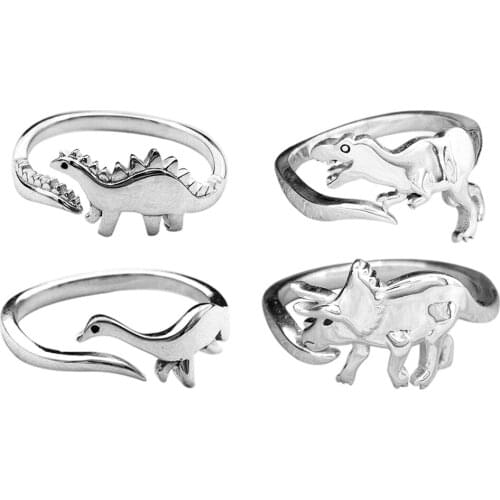 Set of 4 Stylish Alloy Rings Dinosaur Theme Ornament Accessory Gifts for Women Men Boys Girls Friends Couples Party Holiday