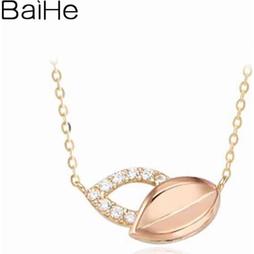 BAIHE Solid 18K Yellow Gold 0.04CT Round Natural Diamonds Women Wedding Fine Jewelry Trendy Beautiful Leaves diamond Necklaces