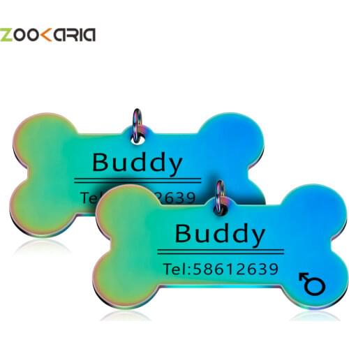Personalized Pet ID Tags Engraved Pet ID Name Number for Cat Puppy Dog Collar Tag Pendant Keyring Rainbow Bone Pet Accessories